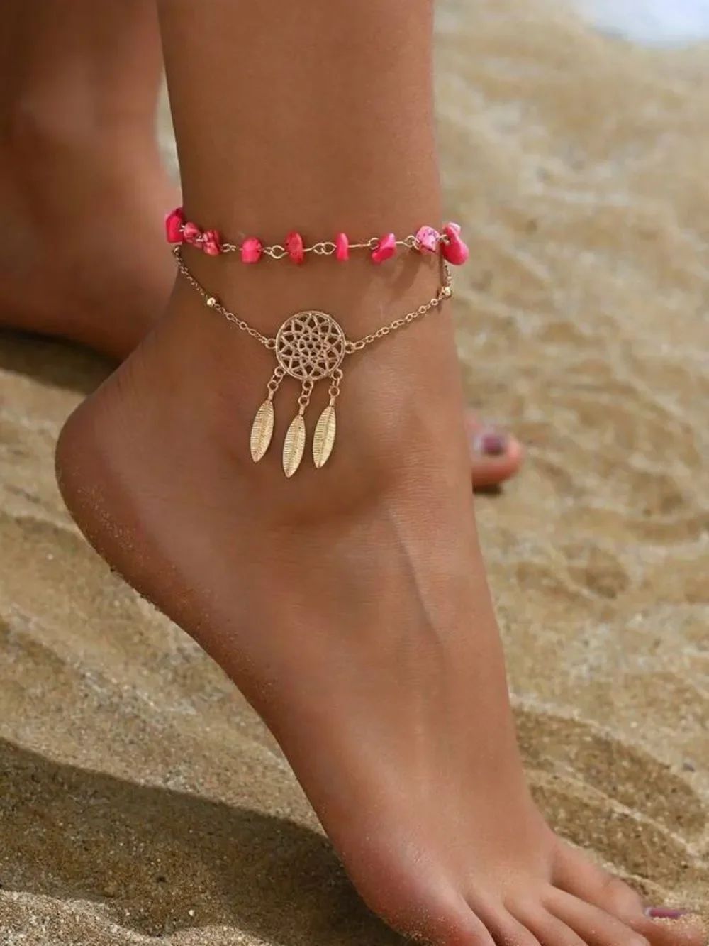 Pink beaded anklet R676 - Picture 3 of 3